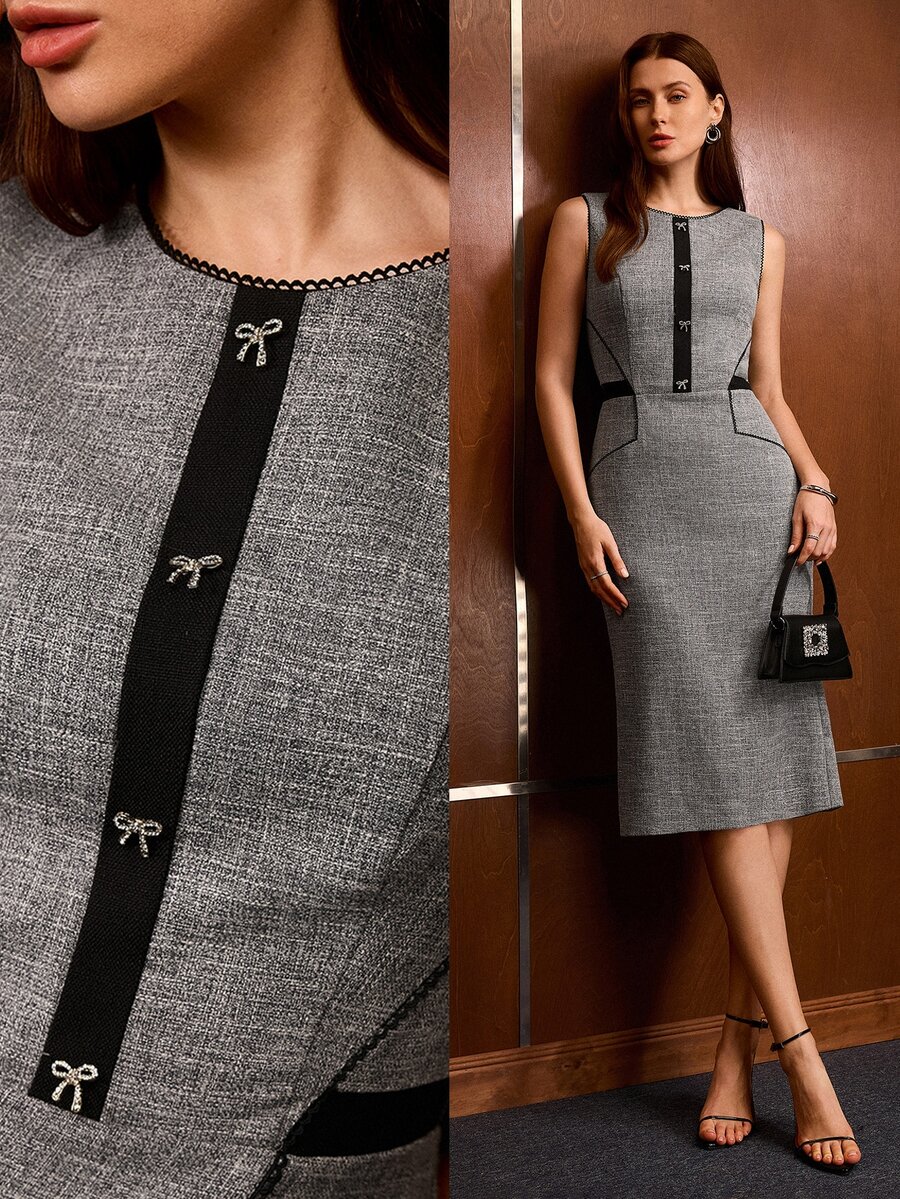 MOTF PREMIUM WOMEN'S ELEGANT ELEGANT BOWKNOT DECOR CONTRAST COLOR DRESS FOR EVENING PARTY - Grey - View 1