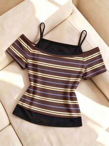 Tween Girls Off-Shoulder Striped 2 In 1 Short Sleeve T-Shirt, Brown, Fall Outfits - Multicolor - View 1