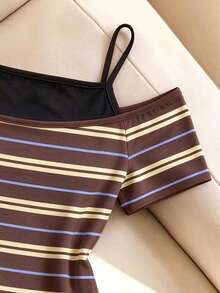 Tween Girls Off-Shoulder Striped 2 In 1 Short Sleeve T-Shirt, Brown, Fall Outfits - Multicolor - View 4
