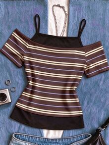 Tween Girls Off-Shoulder Striped 2 In 1 Short Sleeve T-Shirt, Brown, Fall Outfits - Multicolor - View 2