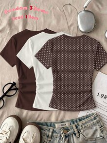 Tween Girls White Polka Dot Print Brown Slim Fit Flattering Ruched Waist Round Neck Short Sleeve T-Shirt, Suitable For Summer, Personalized T-Shirt, Fashion Leopard Print, Leopard Print T-Shirt, Suitable For Spring And Summer, Casual And Comfortable - Multicolor - View 2