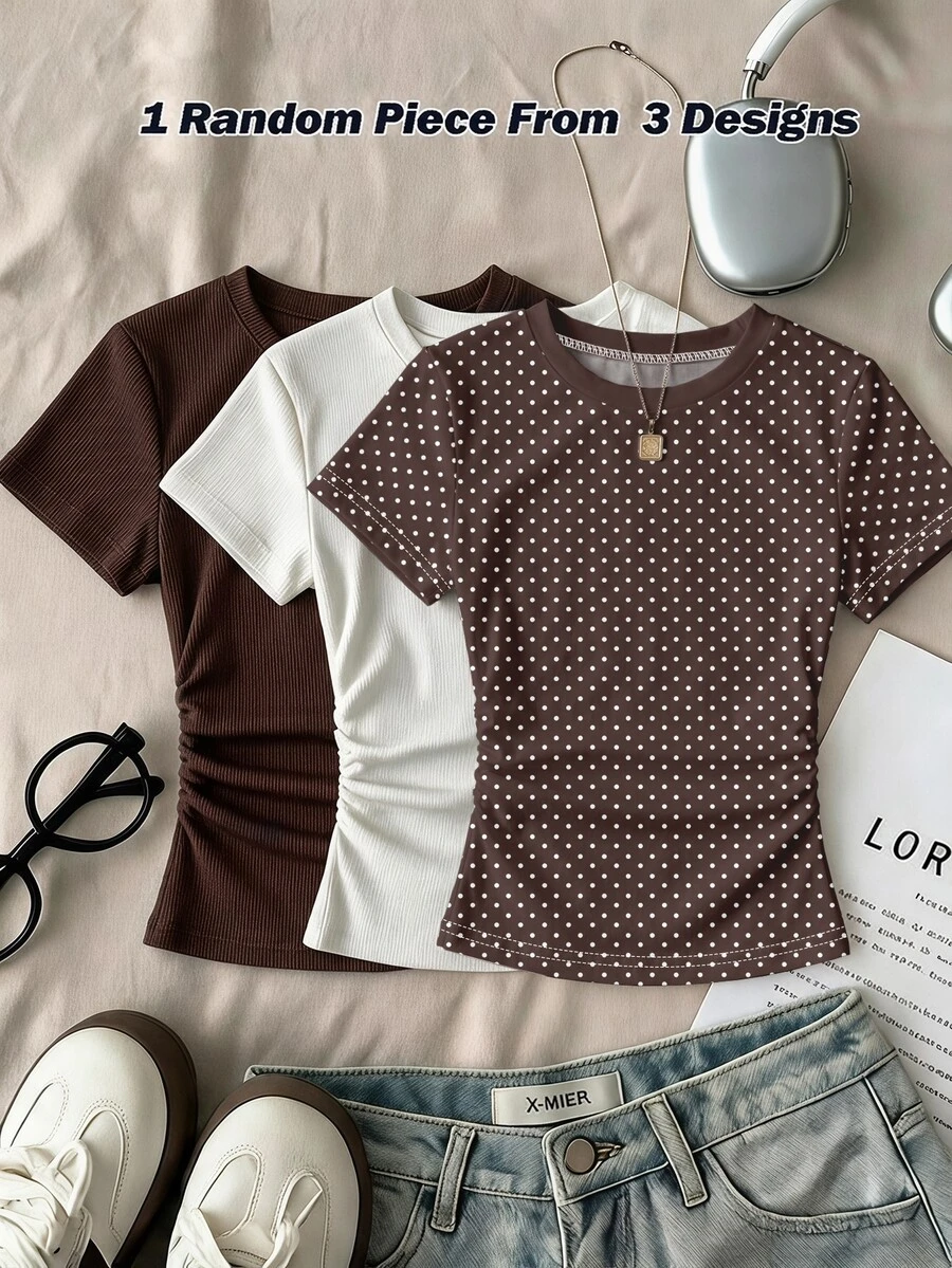 Tween Girls White Polka Dot Print Brown Slim Fit Flattering Ruched Waist Round Neck Short Sleeve T-Shirt, Suitable For Summer, Personalized T-Shirt, Fashion Leopard Print, Leopard Print T-Shirt, Suitable For Spring And Summer, Casual And Comfortable - Multicolor - View 1