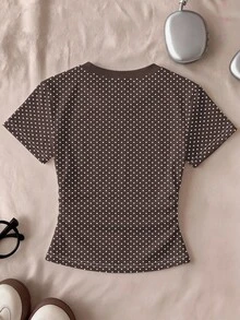 Tween Girls White Polka Dot Print Brown Slim Fit Flattering Ruched Waist Round Neck Short Sleeve T-Shirt, Suitable For Summer, Personalized T-Shirt, Fashion Leopard Print, Leopard Print T-Shirt, Suitable For Spring And Summer, Casual And Comfortable - Multicolor - View 4