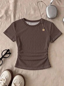 Tween Girls White Polka Dot Print Brown Slim Fit Flattering Ruched Waist Round Neck Short Sleeve T-Shirt, Suitable For Summer, Personalized T-Shirt, Fashion Leopard Print, Leopard Print T-Shirt, Suitable For Spring And Summer, Casual And Comfortable - Multicolor - View 3