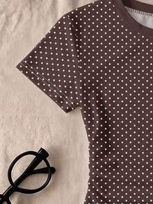 Tween Girls White Polka Dot Print Brown Slim Fit Flattering Ruched Waist Round Neck Short Sleeve T-Shirt, Suitable For Summer, Personalized T-Shirt, Fashion Leopard Print, Leopard Print T-Shirt, Suitable For Spring And Summer, Casual And Comfortable - Multicolor - View 5