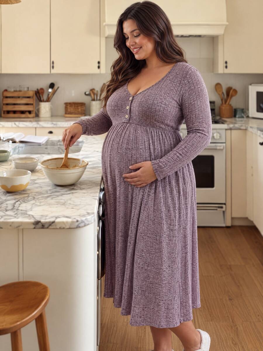 SHEIN Purple Autumn And Winter Long-Sleeve Maternity Dress With Large Size, Front Button, Breastfeeding, High Waist, Slimming, Knitted Fabric Fall Pregnancy - Purple - View 1