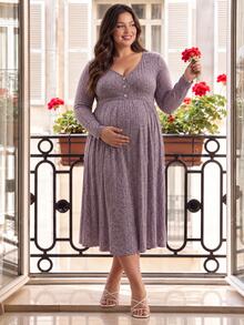 SHEIN Purple Autumn And Winter Long-Sleeve Maternity Dress With Large Size, Front Button, Breastfeeding, High Waist, Slimming, Knitted Fabric Fall Pregnancy - Purple - View 2