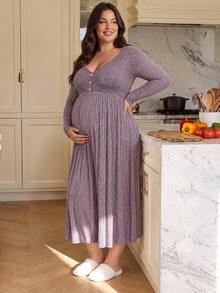 SHEIN Purple Autumn And Winter Long-Sleeve Maternity Dress With Large Size, Front Button, Breastfeeding, High Waist, Slimming, Knitted Fabric Fall Pregnancy - Purple - View 3