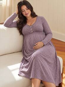 SHEIN Purple Autumn And Winter Long-Sleeve Maternity Dress With Large Size, Front Button, Breastfeeding, High Waist, Slimming, Knitted Fabric Fall Pregnancy - Purple - View 6