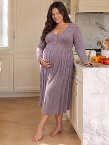 SHEIN Purple Autumn And Winter Long-Sleeve Maternity Dress With Large Size, Front Button, Breastfeeding, High Waist, Slimming, Knitted Fabric Fall Pregnancy - Purple - View 5