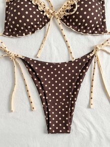 SHEIN Swim Spring/Summer Beach Pool Party Vacation Fashion Sexy Cute Brown Print Ruffle Drawstring Spaghetti Strap Bikini Two-Piece Swimwear For Women - Brown - View 5