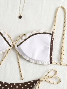 SHEIN Swim Spring/Summer Beach Pool Party Vacation Fashion Sexy Cute Brown Print Ruffle Drawstring Spaghetti Strap Bikini Two-Piece Swimwear For Women - Brown - View 6