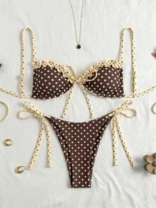 SHEIN Swim Spring/Summer Beach Pool Party Vacation Fashion Sexy Cute Brown Print Ruffle Drawstring Spaghetti Strap Bikini Two-Piece Swimwear For Women - Brown - View 1