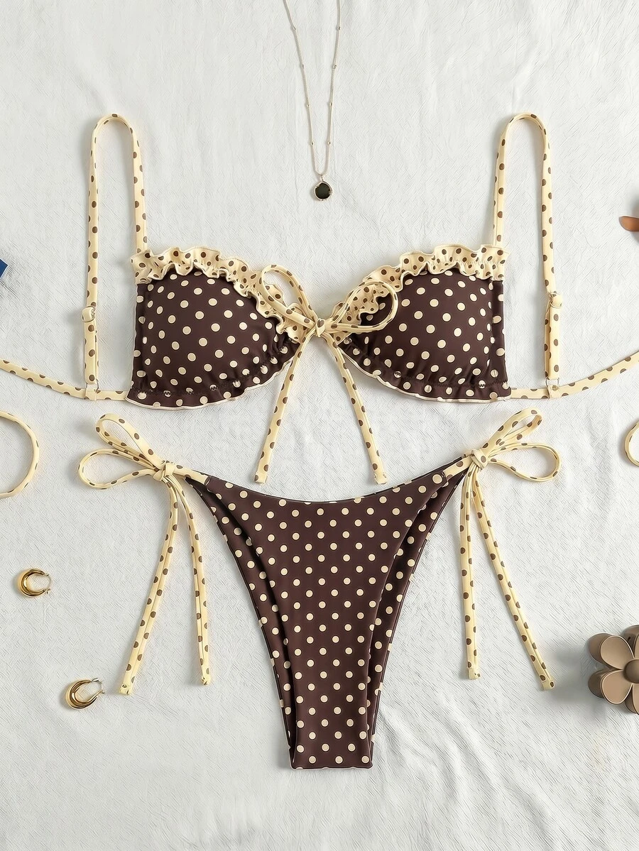 SHEIN Swim Spring/Summer Beach Pool Party Vacation Fashion Sexy Cute Brown Print Ruffle Drawstring Spaghetti Strap Bikini Two-Piece Swimwear For Women - Brown - View 1