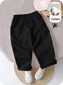 SHEIN 中性嬰兒男/女嬰 100%純棉休閒百搭白色工裝褲，男嬰下裝，嬰兒褲，Squishy - 黑色 - 查看 1