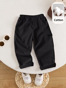 SHEIN 中性嬰兒男/女嬰 100%純棉休閒百搭白色工裝褲，男嬰下裝，嬰兒褲，Squishy - 黑色 - 查看 7