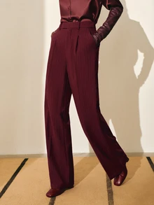 MOTF PREMIUM WOMEN'S AUTUMN/WINTER WOOL STRIPED STRAIGHT LEG SUIT PANTS - Burgundy - View 7
