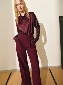 MOTF PREMIUM WOMEN'S AUTUMN/WINTER WOOL STRIPED STRAIGHT LEG SUIT PANTS - Burgundy - View 5
