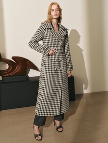 MOTF PREMIUM WOMEN'S AUTUMN/WINTER WOOL HOUNDSTOOTH TRENCH COAT WOOL OVERCOAT JACKET - Black and White - View 7