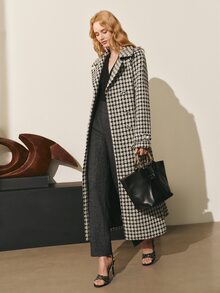 MOTF PREMIUM WOMEN'S AUTUMN/WINTER WOOL HOUNDSTOOTH TRENCH COAT WOOL OVERCOAT JACKET - Black and White - View 5