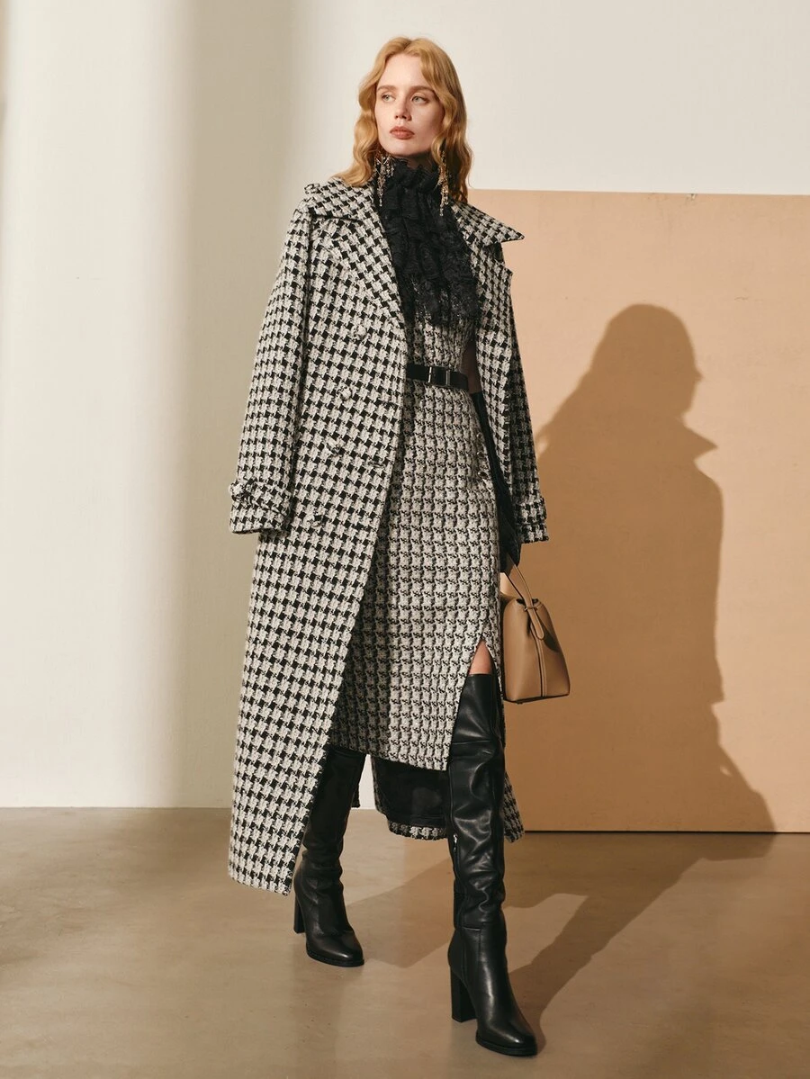 MOTF PREMIUM WOMEN'S AUTUMN/WINTER WOOL HOUNDSTOOTH TRENCH COAT WOOL OVERCOAT JACKET - Black and White - View 1