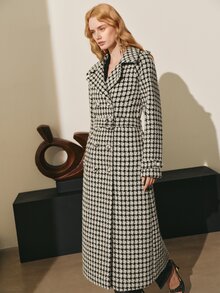 MOTF PREMIUM WOMEN'S AUTUMN/WINTER WOOL HOUNDSTOOTH TRENCH COAT WOOL OVERCOAT JACKET - Black and White - View 4