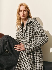 MOTF PREMIUM WOMEN'S AUTUMN/WINTER WOOL HOUNDSTOOTH TRENCH COAT WOOL OVERCOAT JACKET - Black and White - View 3