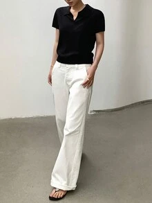 DAZY 女士休闲套头短袖有领毛衣 - 黑色 - 查看 6