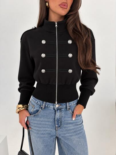 SHEIN Glamour Sudadera/Chaqueta Deportiva de Mujer Personalizada de Moda Napoleón Y2K con Diseño de Doble Cremallera y Cuello Alto, Adecuada para la Temporada de Otoño/Invierno, Ropa de Abrigo de Otoño/Invierno, Adecuada para el Desplazamiento Diario, Deportes, Salidas Nocturnas, Ropa Casual de Moda y Otras Ocasiones.