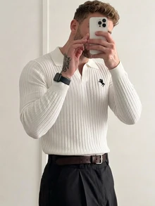 Formmaro 男士羅紋 Polo 領毛衣，附馬標誌，極簡經典日常穿搭，老錢風 - 白色 - 查看 5