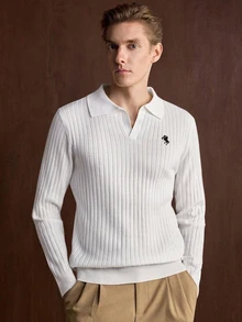 Formmaro 男士羅紋 Polo 領毛衣，附馬標誌，極簡經典日常穿搭，老錢風 - 白色 - 查看 1