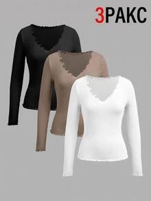 SHEIN EZwear 3件組女款純色V領長袖休閒百搭T恤 - 彩色 - 查看 12