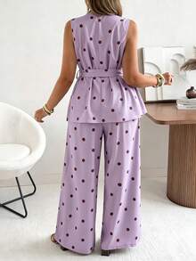 Flirla Ceyna Plus Size Women's Classic Retro 70's Polka Dot Vest And Wide Leg Pants Set Summer Holiday Outfits Party Lavender - Mauve Purple - View 2