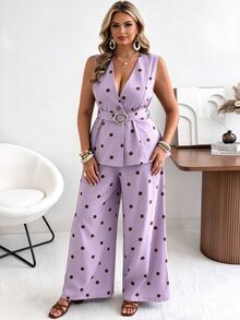 Flirla Ceyna Plus Size Women's Classic Retro 70's Polka Dot Vest And Wide Leg Pants Set Summer Holiday Outfits Party Lavender - Mauve Purple - View 3