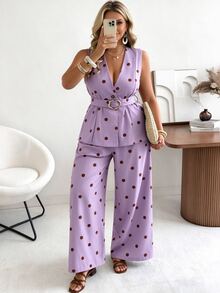 Flirla Ceyna Plus Size Women's Classic Retro 70's Polka Dot Vest And Wide Leg Pants Set Summer Holiday Outfits Party Lavender - Mauve Purple - View 1