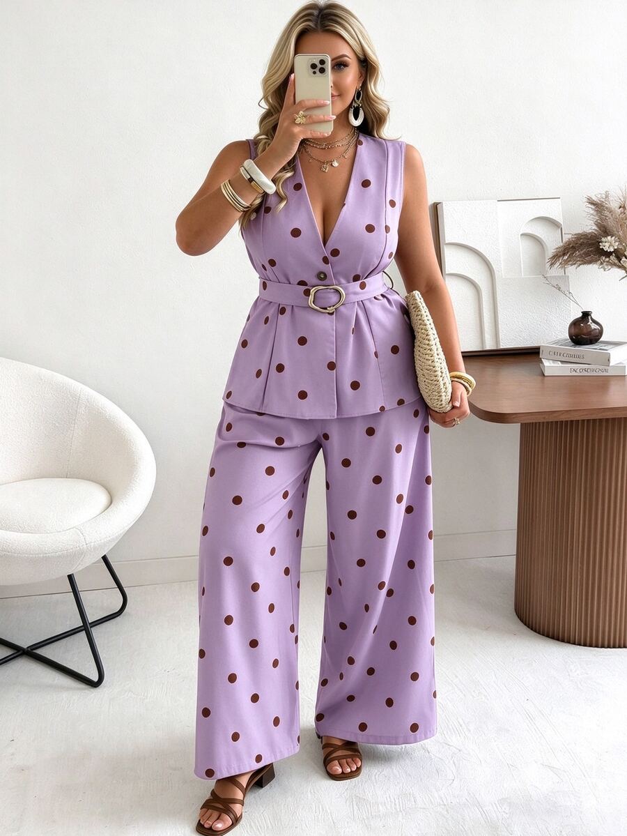 Flirla Ceyna Plus Size Women's Classic Retro 70's Polka Dot Vest And Wide Leg Pants Set Summer Holiday Outfits Party Lavender - Mauve Purple - View 1