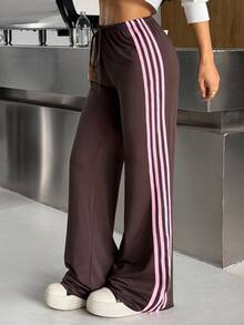 SHEIN EZwear Women's Casual Athleisure Striped Colorblock Drawstring Waist Long Pants For Daily Wear Gym Fall - Coffee Brown - View 7