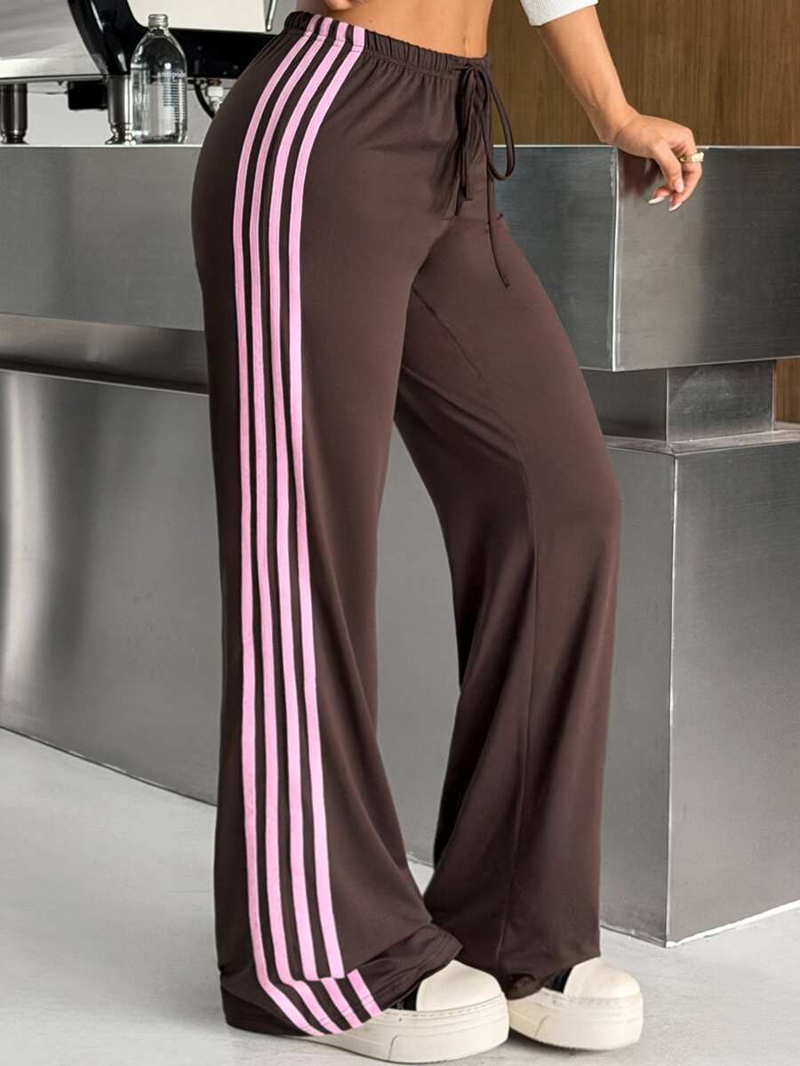 SHEIN EZwear Women's Casual Athleisure Striped Colorblock Drawstring Waist Long Pants For Daily Wear Gym Fall - Coffee Brown - View 1