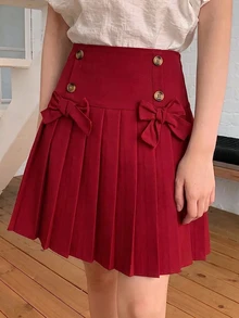SHEIN Girls' Christmas Themed Pleated Mini Skirt Elegant, Sweet, Cute, 3D Bow, Low-Waist Design,Red Plaid Pattern Perfect For Holiday Parties Formal - Burgundy - View 1
