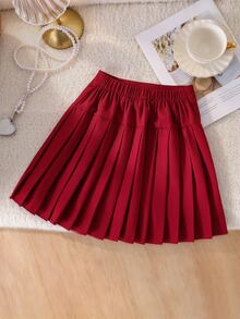 SHEIN Girls' Christmas Themed Pleated Mini Skirt Elegant, Sweet, Cute, 3D Bow, Low-Waist Design,Red Plaid Pattern Perfect For Holiday Parties Formal - Burgundy - View 4