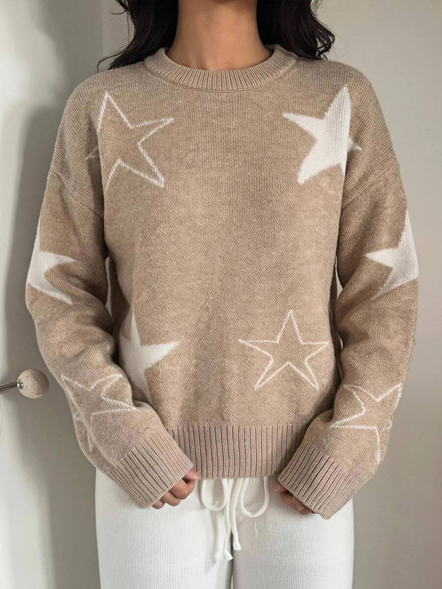 SHEIN Teen Girl Star Pattern Drop Shoulder Crew Neck Long Sleeve Casual Sweater - Brown - View 1