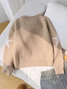 SHEIN Sweater Kasual Remaja Perempuan Motif Bintang Bahu Turun Kerah Bulat Lengan Panjang - Coklat - View 2