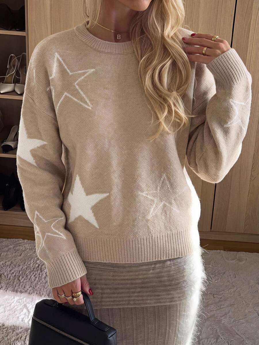 SHEIN Teen Girl Star Pattern Drop Shoulder Crew Neck Long Sleeve Casual Autumn Sweater - Brown - View 1
