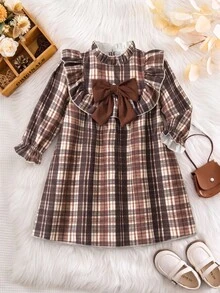 SHEIN Young Girl Mock Neck Ruffled Plaid Long Sleeve Dress With Big Bow, Retro Stylish Autumn Princess Dress - Brown - View 6
