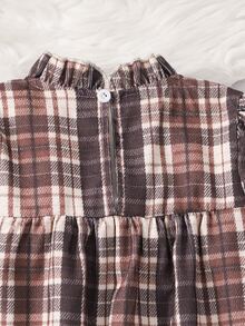 SHEIN Young Girl Mock Neck Ruffled Plaid Long Sleeve Dress With Big Bow, Retro Stylish Autumn Princess Dress - Brown - View 7