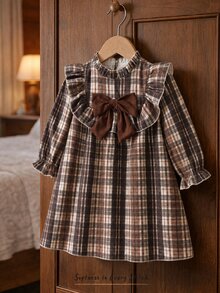 SHEIN Young Girl Mock Neck Ruffled Plaid Long Sleeve Dress With Big Bow, Retro Stylish Autumn Princess Dress - Brown - View 3