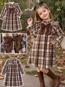 SHEIN Young Girl Mock Neck Ruffled Plaid Long Sleeve Dress With Big Bow, Retro Stylish Autumn Princess Dress - Brown - View 1