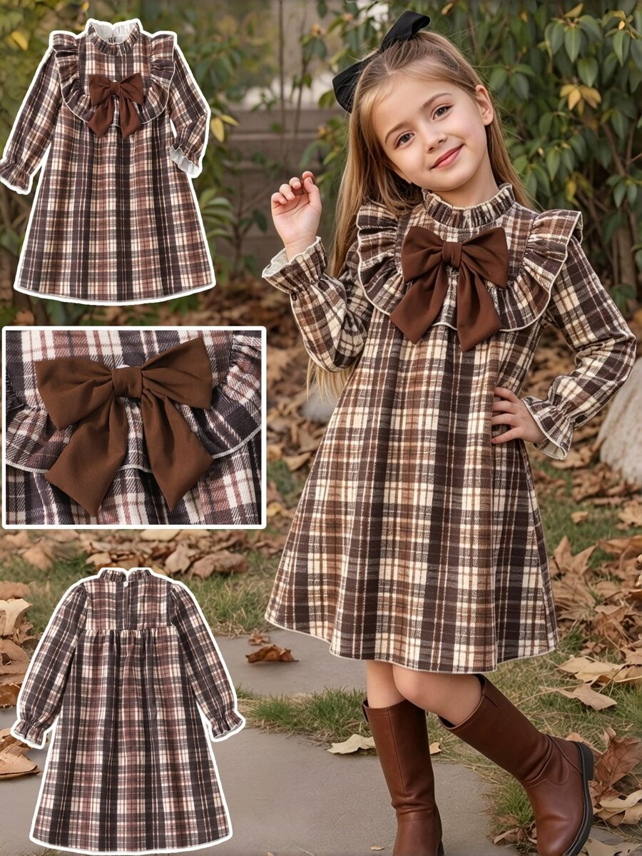 SHEIN Young Girl Mock Neck Ruffled Plaid Long Sleeve Dress With Big Bow, Retro Stylish Autumn Princess Dress - Brown - View 1