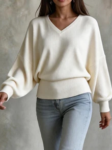 Selianne Casual Vintage Ribbed V-Neck Apricot T-Shirt For Women - Apricot - View 3