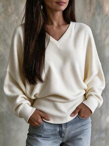 Selianne Casual Vintage Ribbed V-Neck Apricot T-Shirt For Women - Apricot - View 6